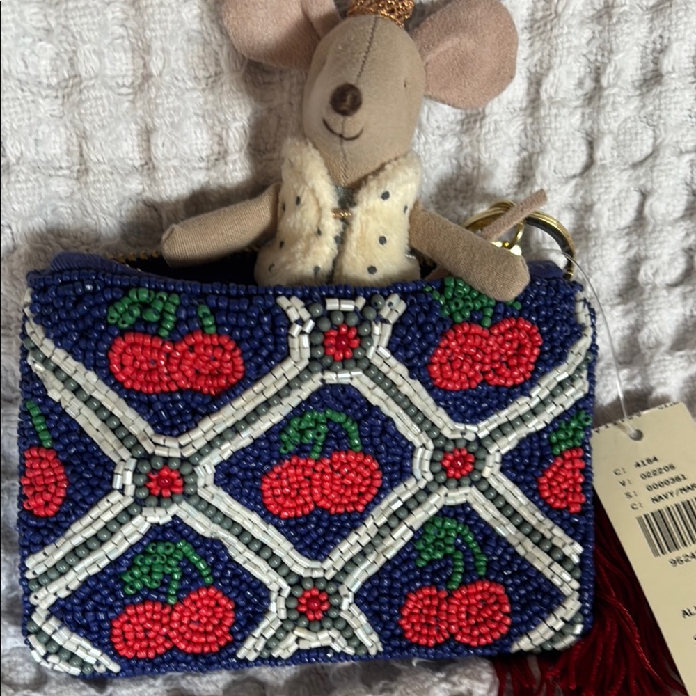 Anthropologie CHERRIES Beaded Coin Purse: Lucky Icons Edition blue red Gift Card